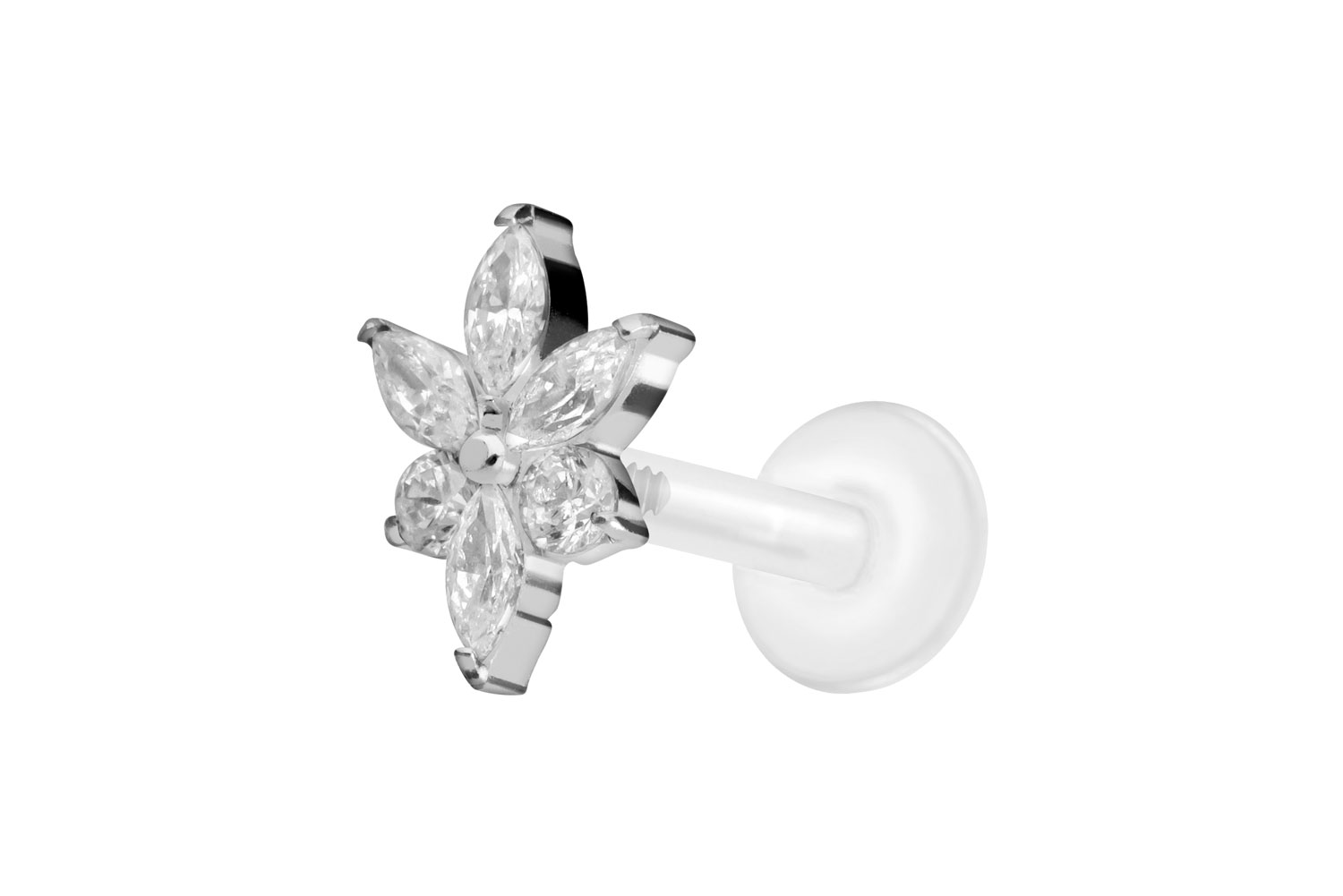 PTFE Labret Piercing mit Innengewinde + Titan-Aufsatz KRISTALLBLUME
